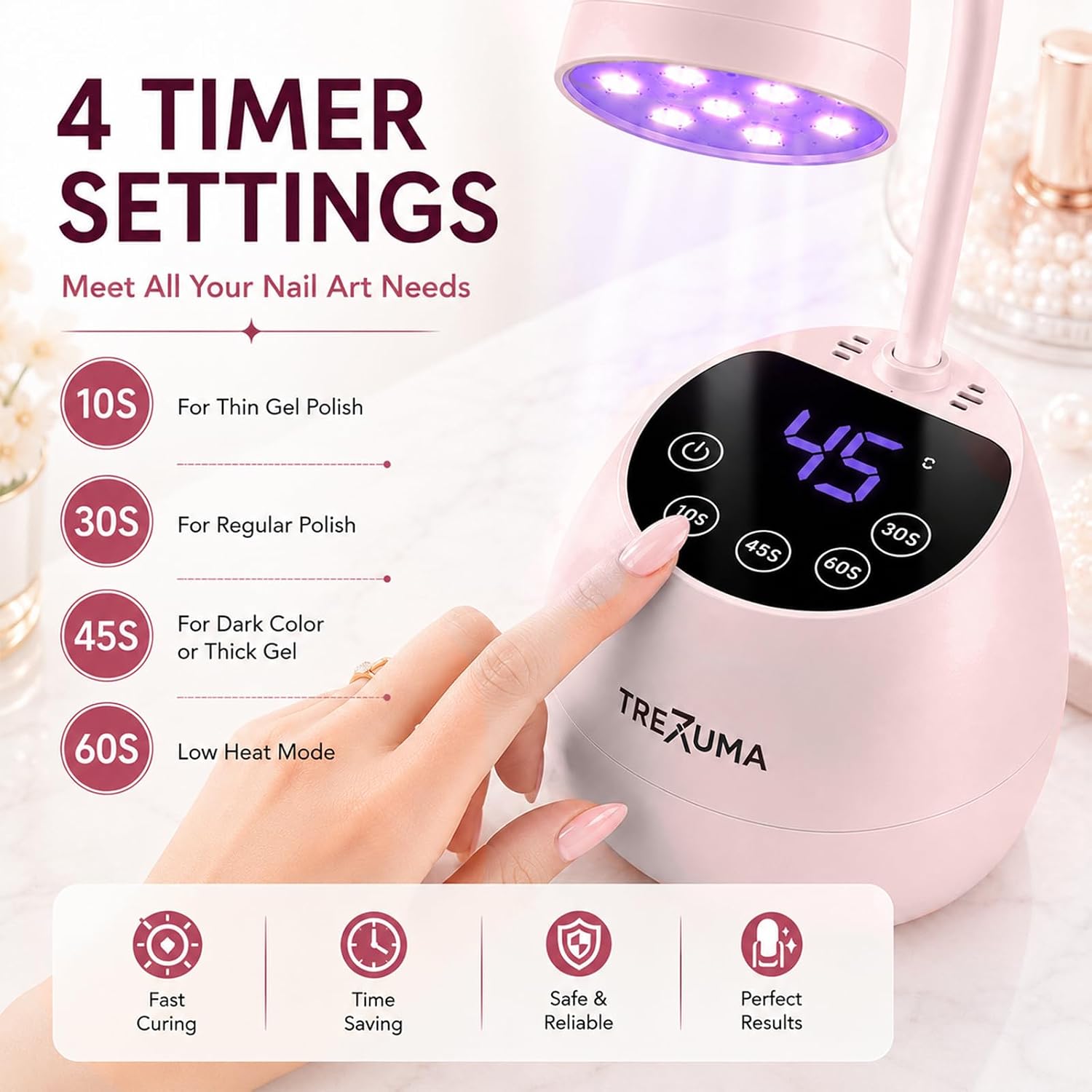 TREZUMA 36W cordless gooseneck LED nail lamp showing flexible head and LCD display - 2