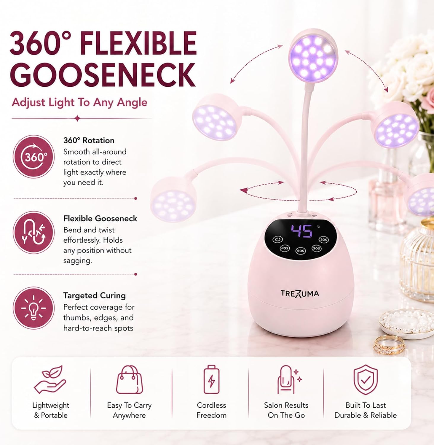 TREZUMA 36W cordless gooseneck LED nail lamp showing flexible head and LCD display - 3
