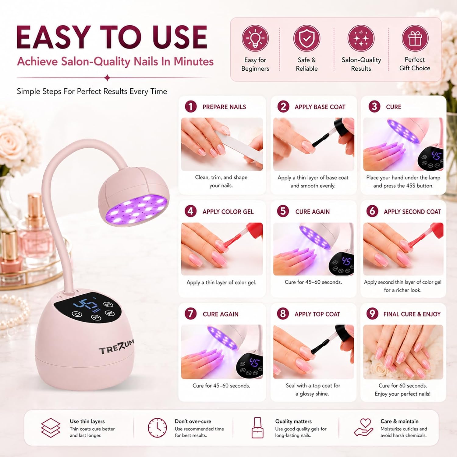 TREZUMA 36W cordless gooseneck LED nail lamp showing flexible head and LCD display - 4