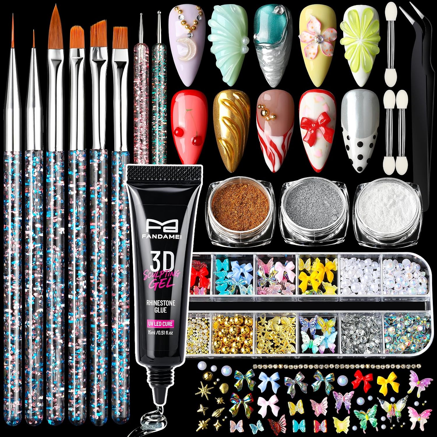 3D Sculpting Gel Nail Kit: Chrome Powders & Brushes