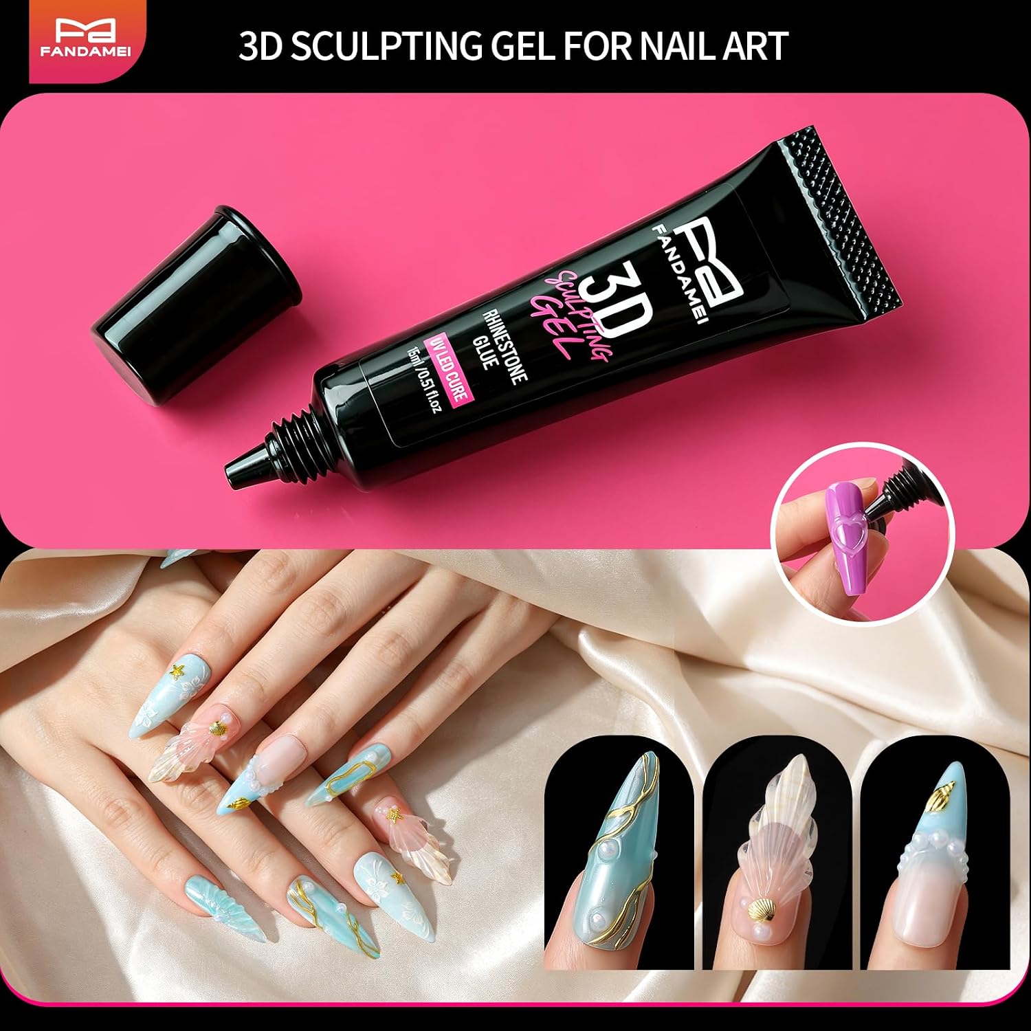 Fandamei 3D sculpting gel nail kit with chrome powders, brushes and charms - 2