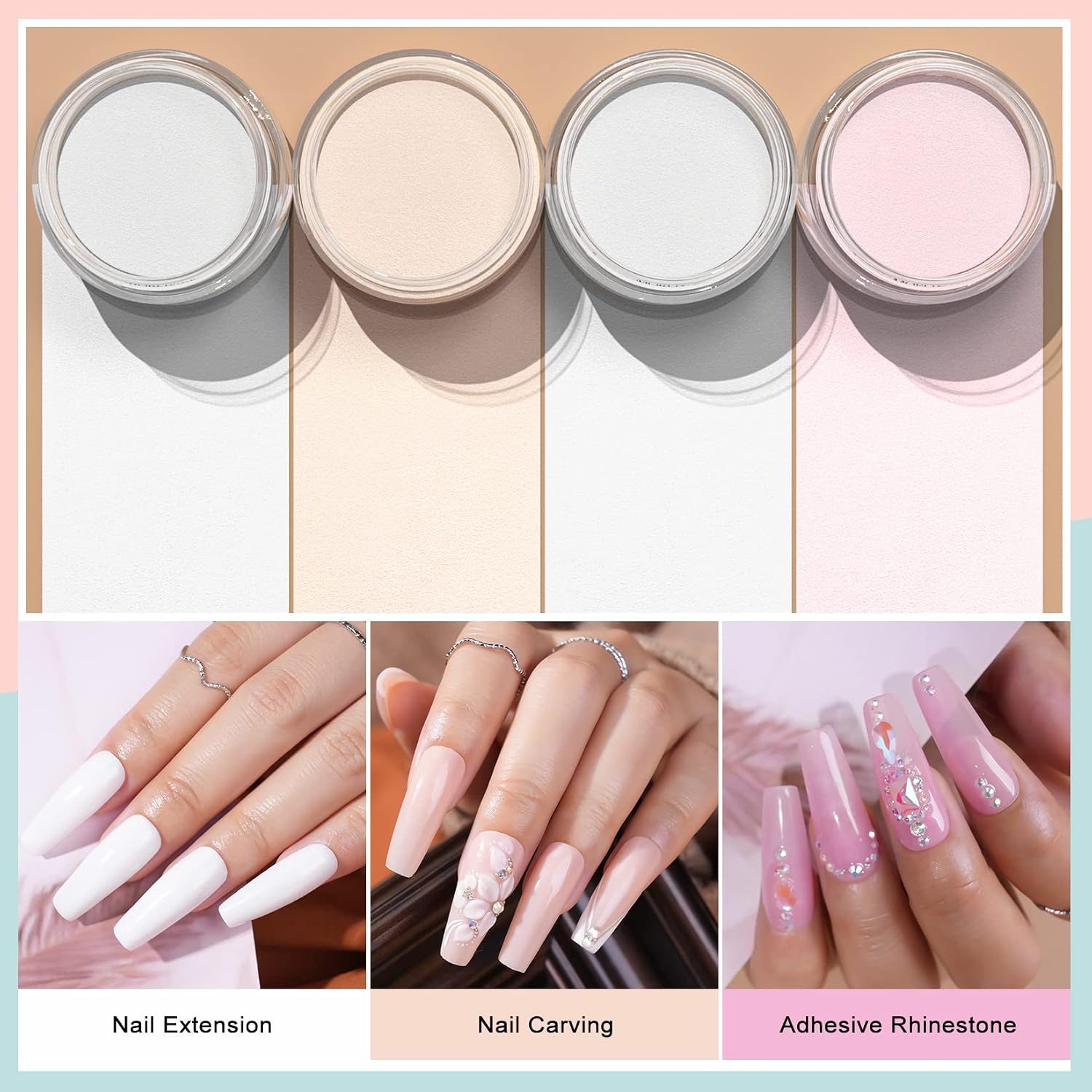 Morovan 4 color acrylic nail powder jars in clear, nude, pink and white for extensions and nail art - 2