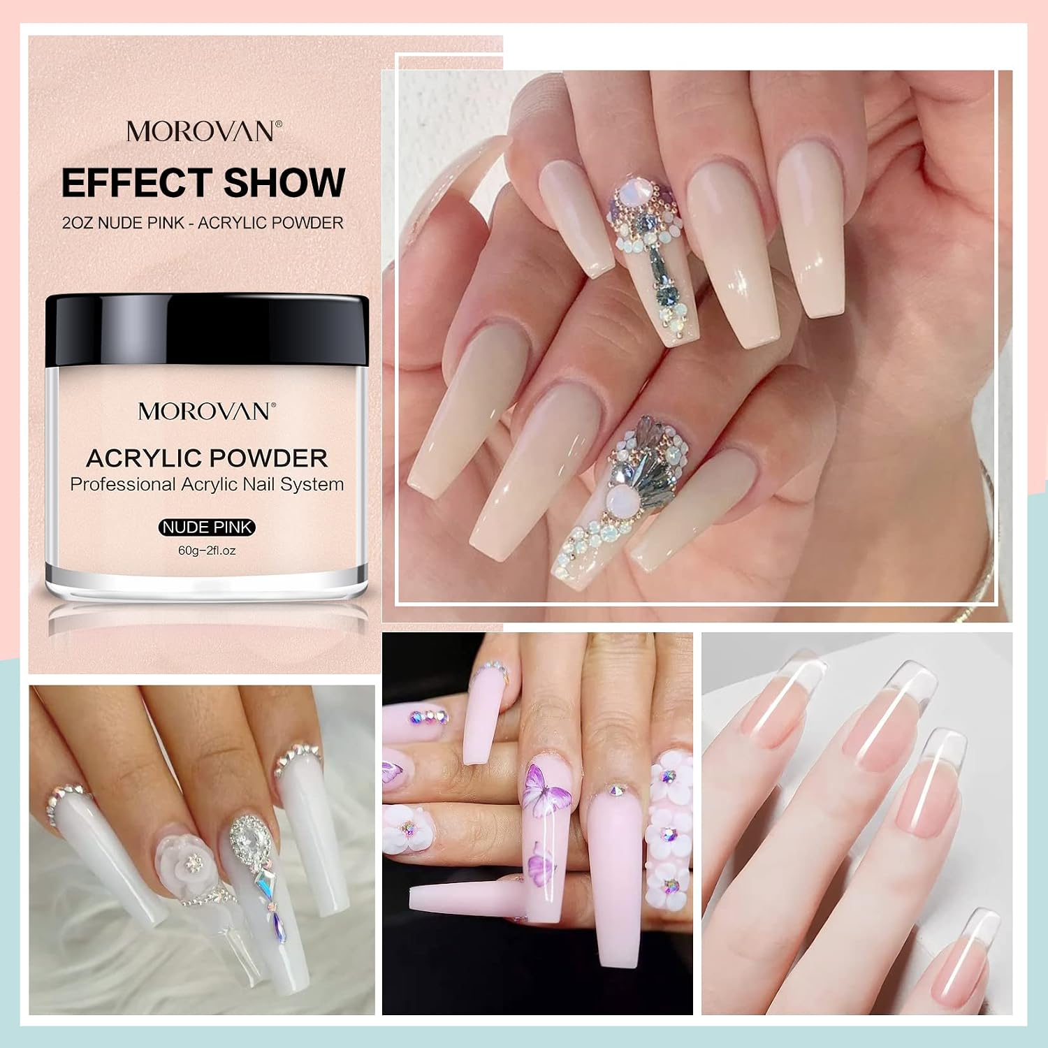 Morovan 4 color acrylic nail powder jars in clear, nude, pink and white for extensions and nail art - 4