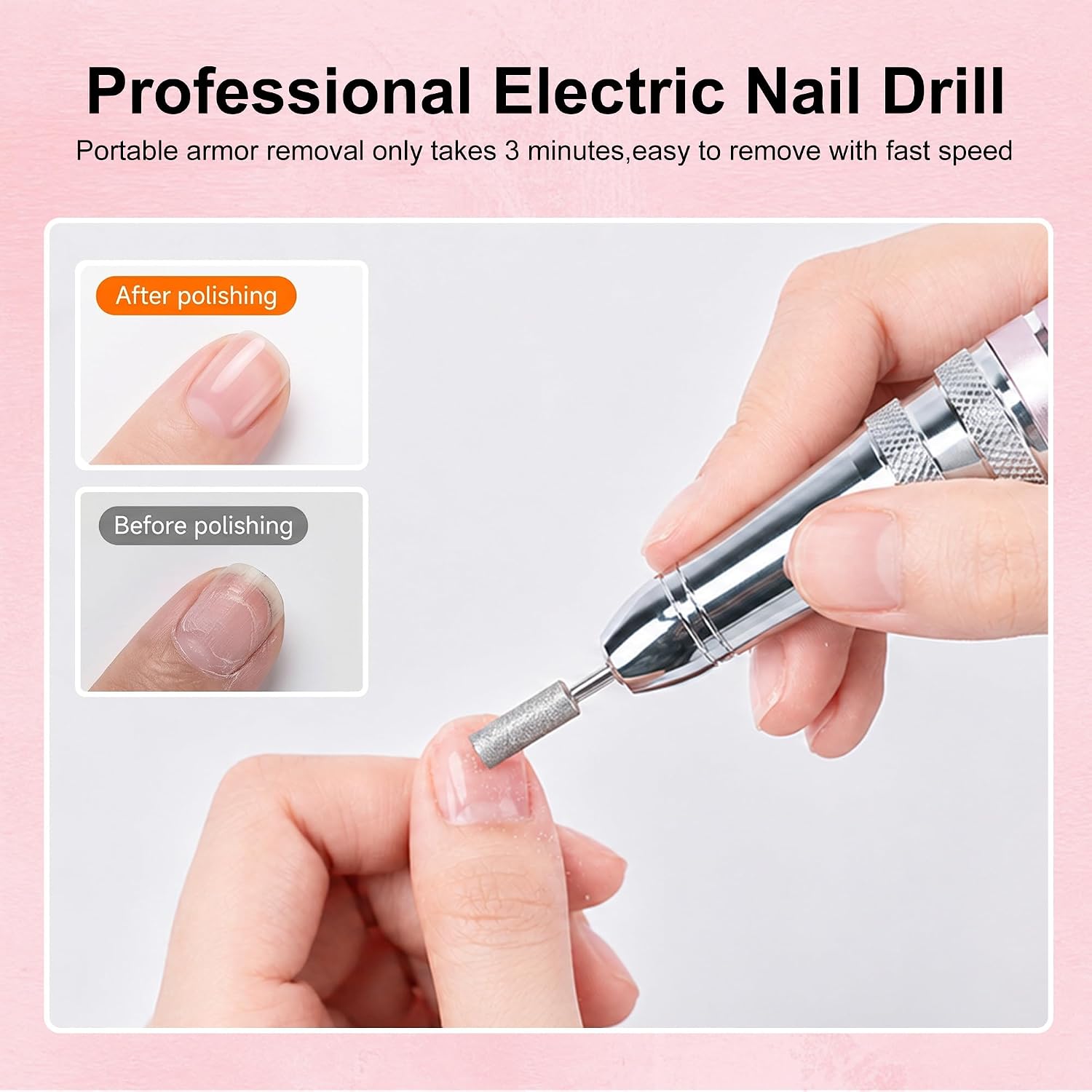 Pastel pink cordless electric nail drill with handpiece and multiple drill bits and sanding bands - 2