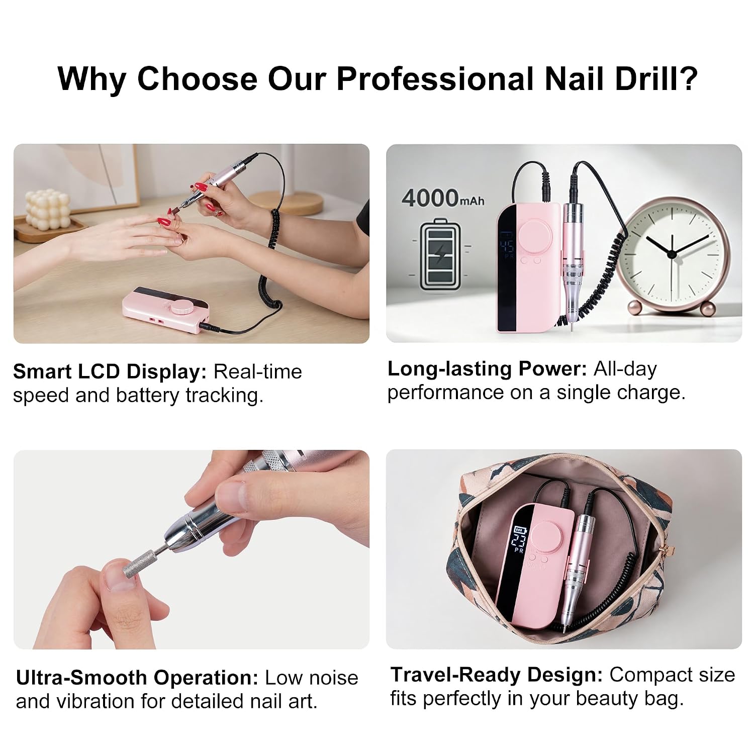 Pastel pink cordless electric nail drill with handpiece and multiple drill bits and sanding bands - 3