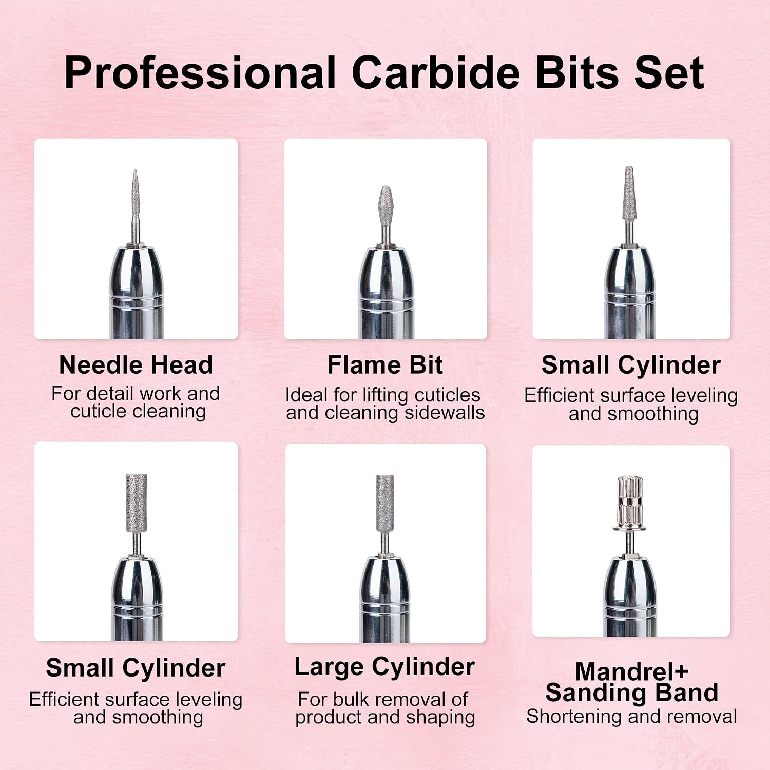 Pastel pink cordless electric nail drill with handpiece and multiple drill bits and sanding bands - 4