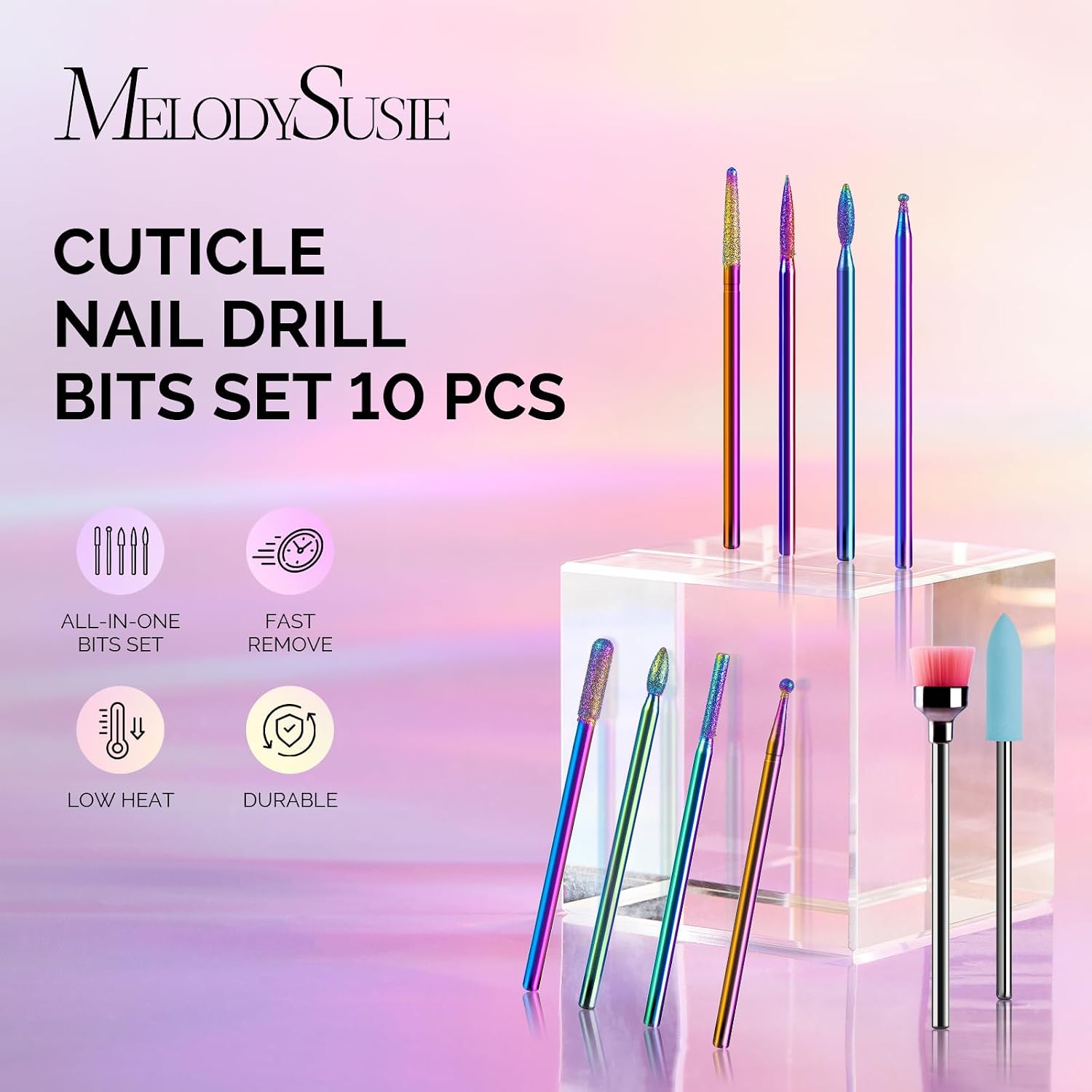 MelodySusie 10pcs rainbow diamond nail drill bits set in case - 2