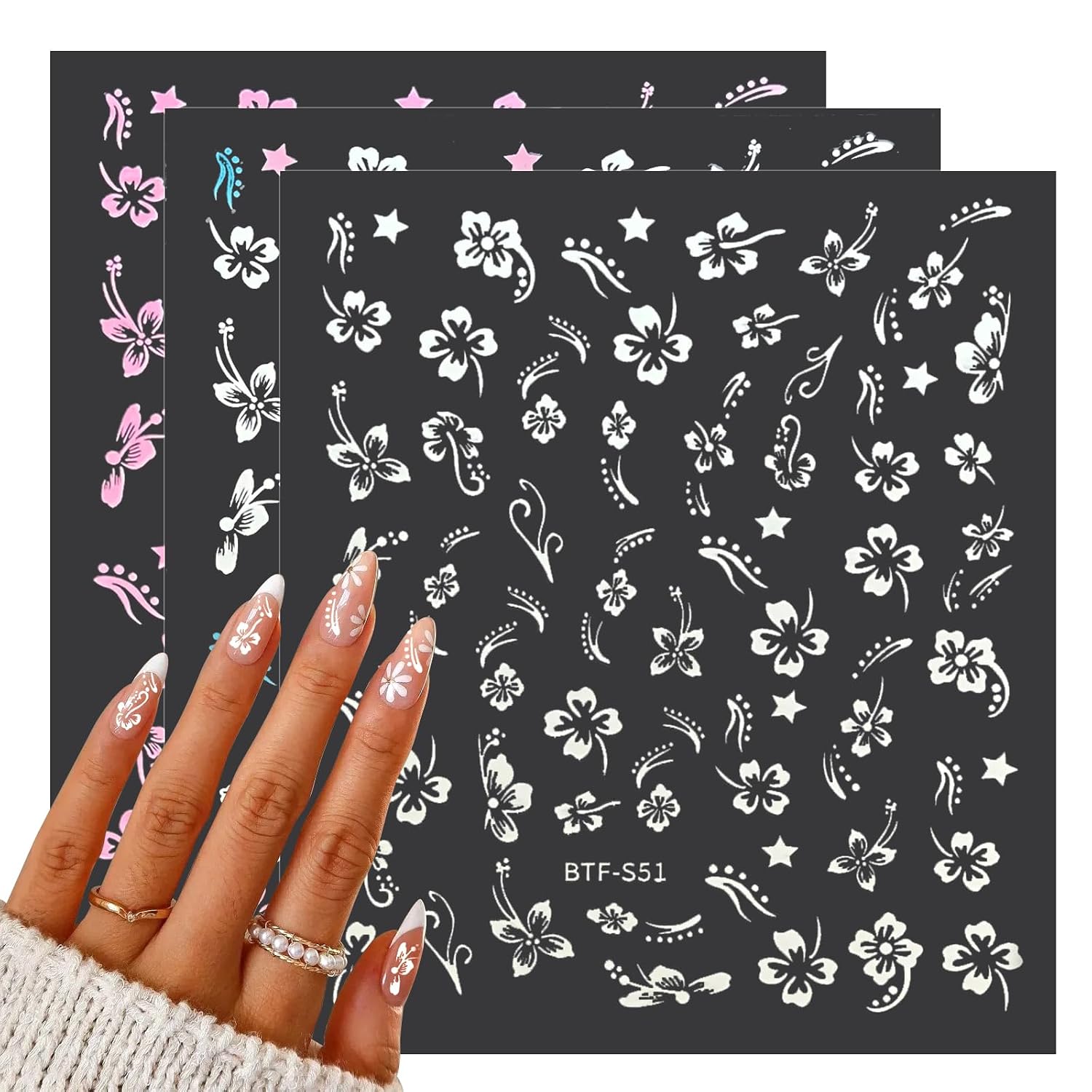 MUIIGOOD hibiscus flower nail sticker sheets in white, pink, gold and silver finishes - 3