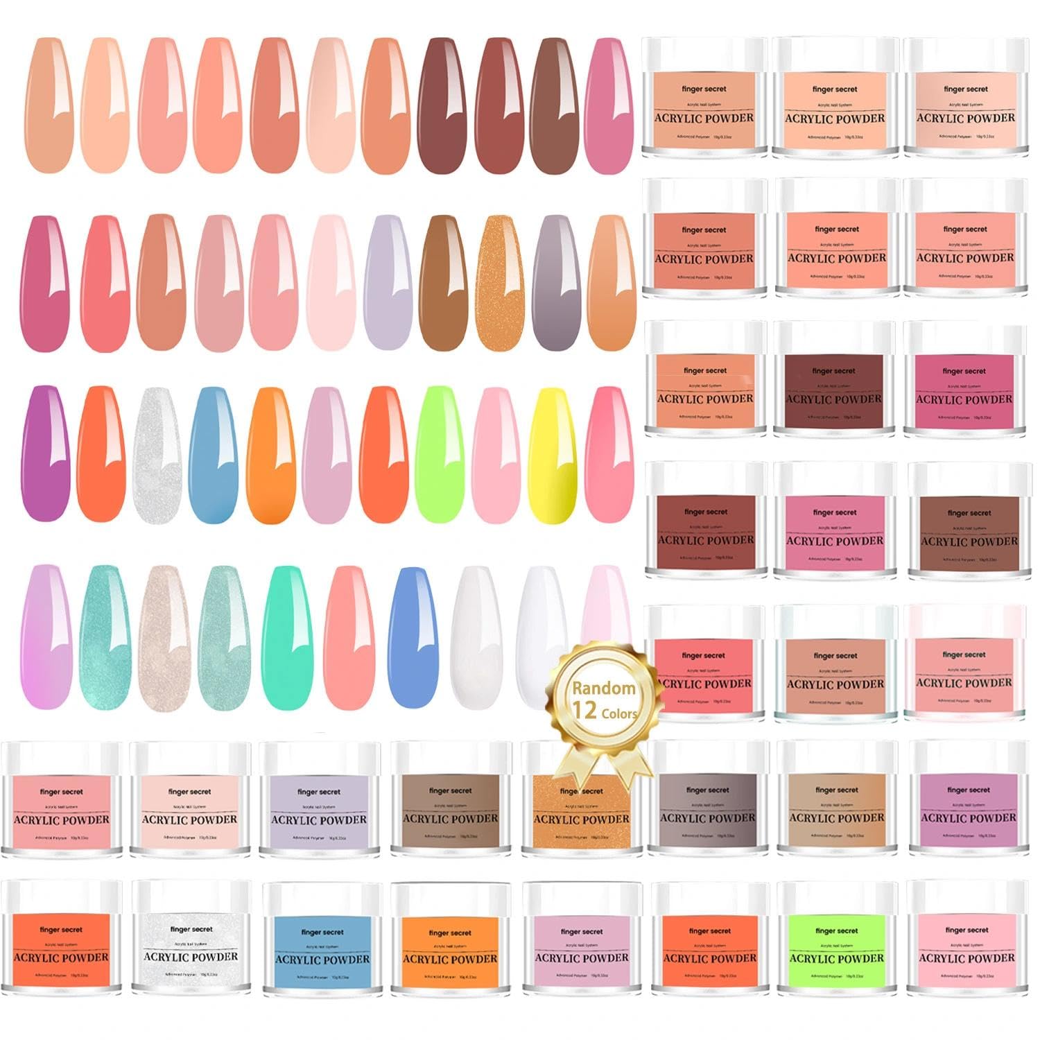 finger secret mystery acrylic powder set showing 12 small jars of assorted colors - 3