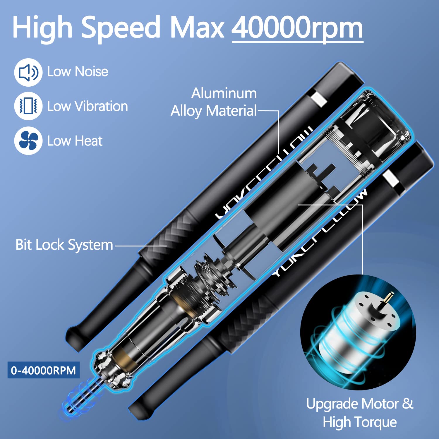 Black cordless nail drill with HD LCD, handpiece, storage box and metal bits - 2