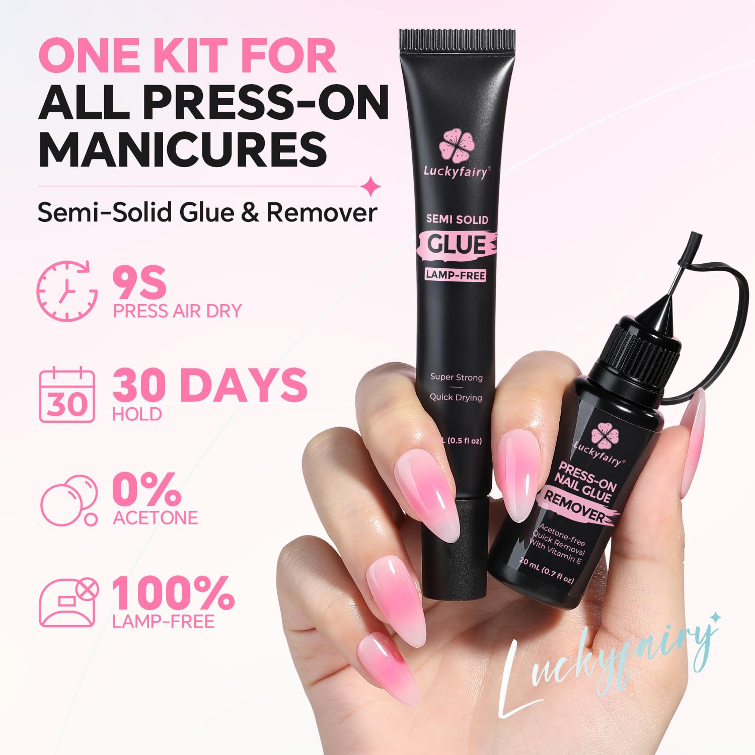 Luckyfairy press-on nail glue kit with glue tube, remover bottle, and two cuticle sticks - 2